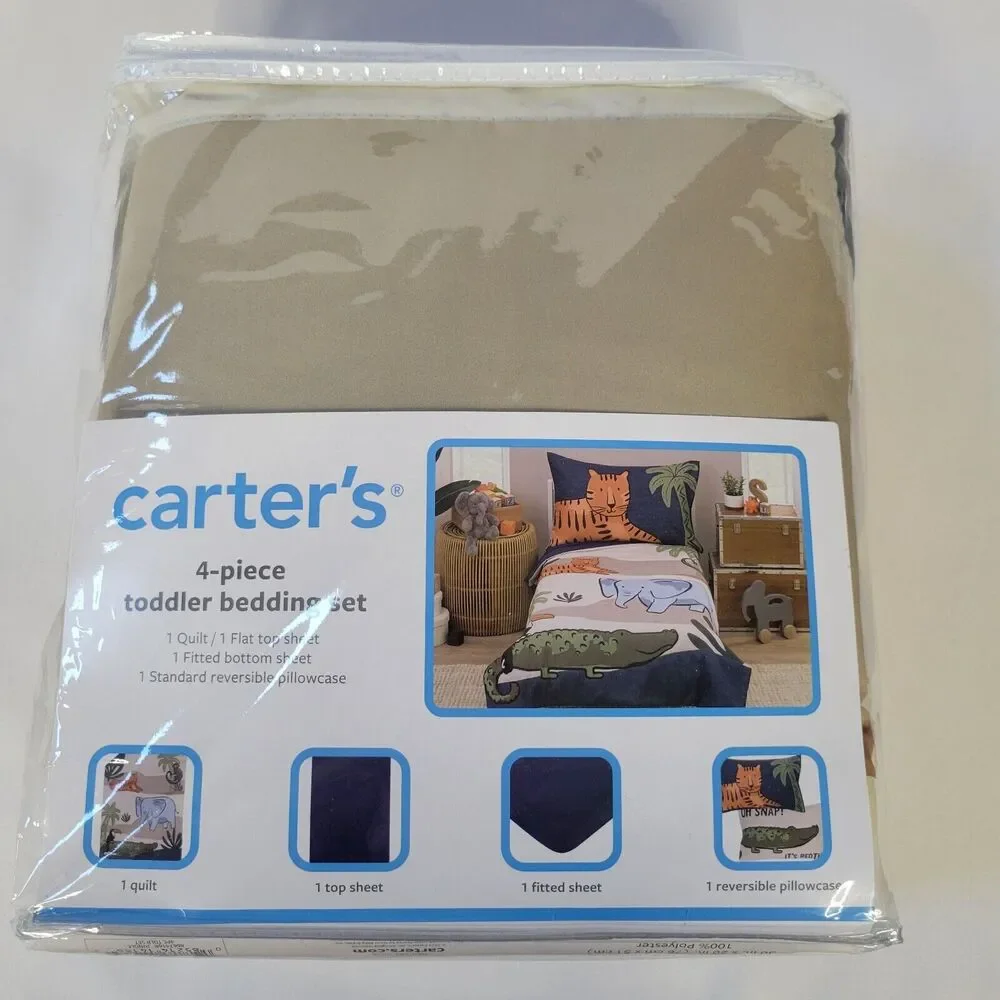 Carters 4pc Toddler Bedding Set Jungle Animal Tiger Elephant Safari Zoo Navy Tan